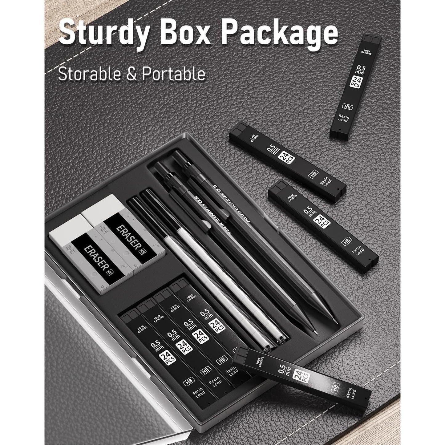 Four_Candies_Metal_Mechanical_Pencils_0.5mm,_2PCS_Mechanical_Pencils_0.5_with_Dual_Spring,_8_Tubes_HB_Lead_Refills,_2PCS_4B_Erasers_and_18PCS_Eraser_Refills,_Mechanical_Pencil_Set_for_Writing_Drawing